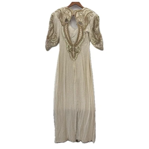 Vintage 1980s Silk Beaded Art Deco Maxi Gown Formal Evening Dress Size M - Picture 2 of 11